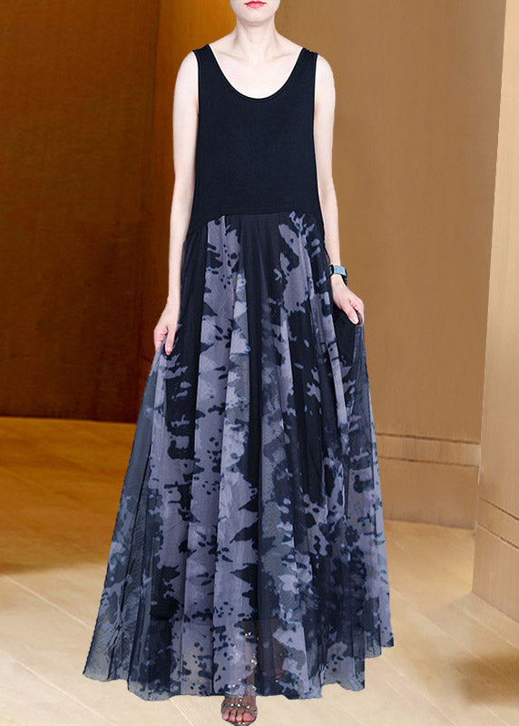 Handmade Grey O-neck Print Patchwork Tulle Maxi Dresses Summer