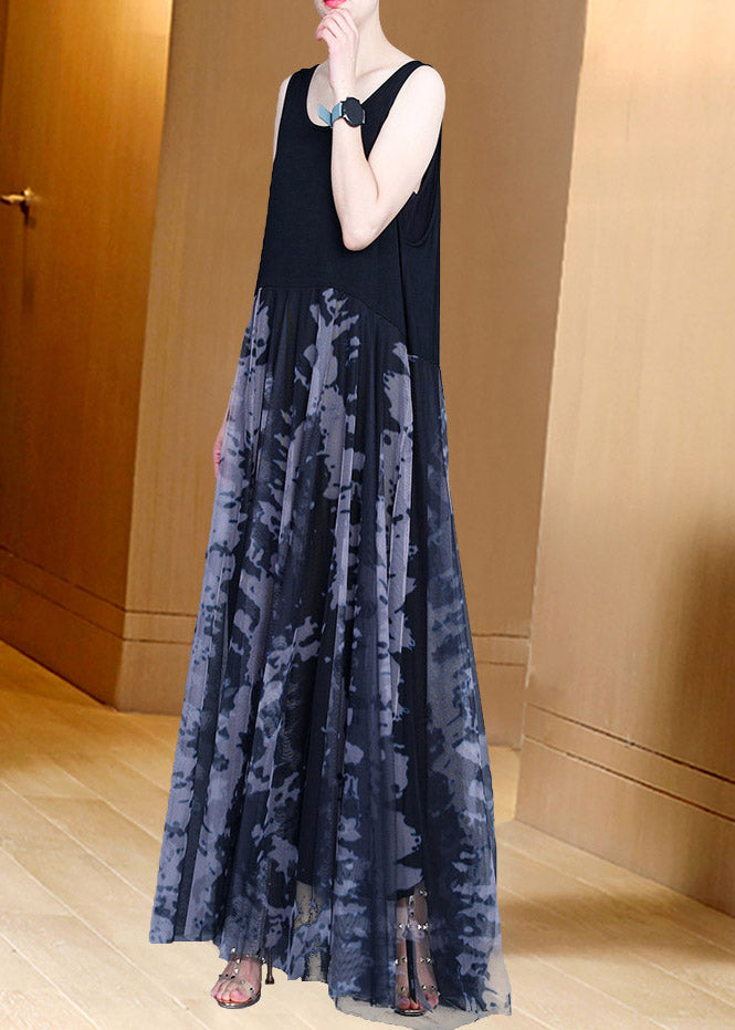 Handmade Grey O-neck Print Patchwork Tulle Maxi Dresses Summer