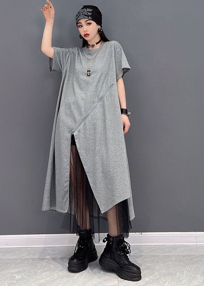 Handmade Grey O-neck Tulle Patchwork Cotton Dresses Short Sleeve