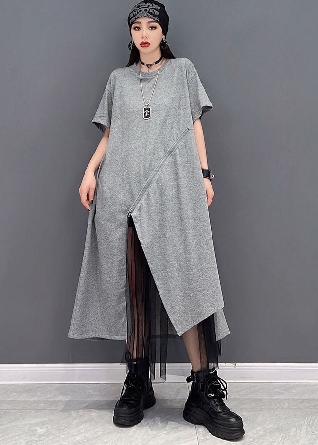 Handmade Grey O-neck Tulle Patchwork Cotton Dresses Short Sleeve