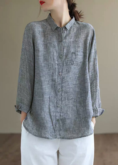 Handmade Grey Peterpan Collar Button Fall Blouses Long Sleeve