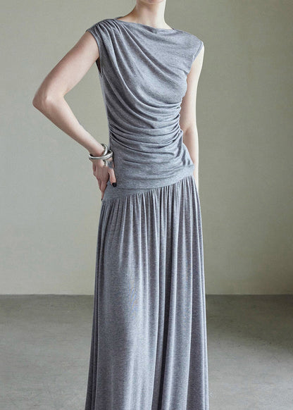 Handmade Grey Slash Neck Vest and Maxi Skirts Cotton Two Piece Set Sleeveless