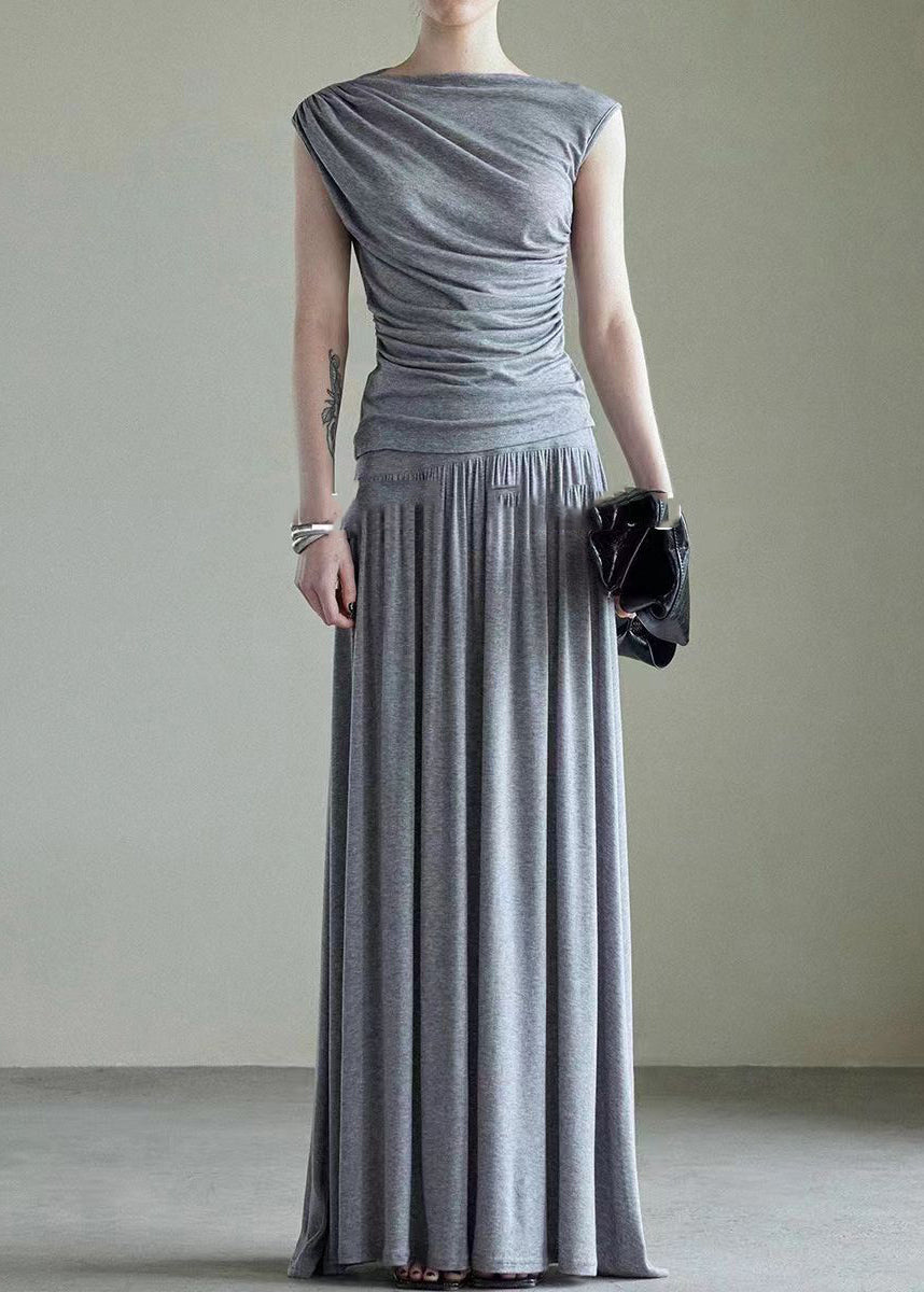 Handmade Grey Slash Neck Vest and Maxi Skirts Cotton Two Piece Set Sleeveless