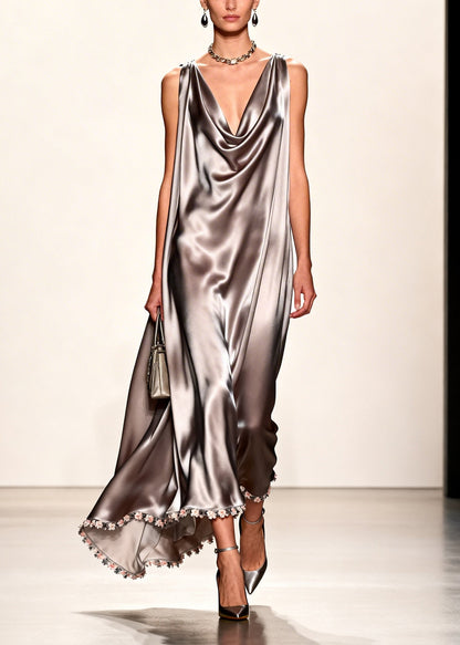 Handmade Grey V Neck Patchwork Flower Silk Maxi Dress Summer