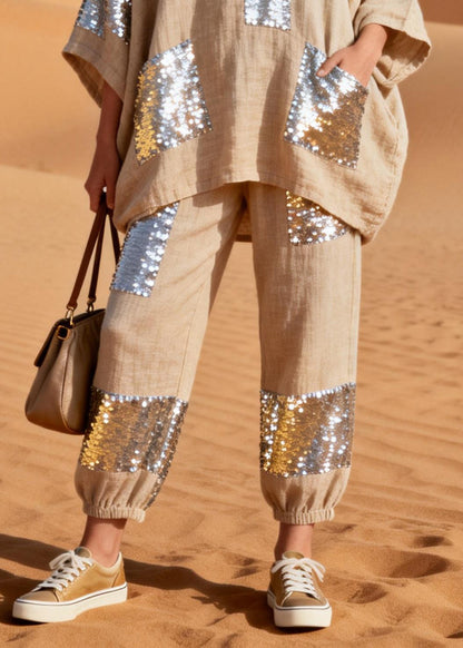 Handmade Khaki Asymmetrical Sequins Pockets Patchwork Linen Two Pieces Set