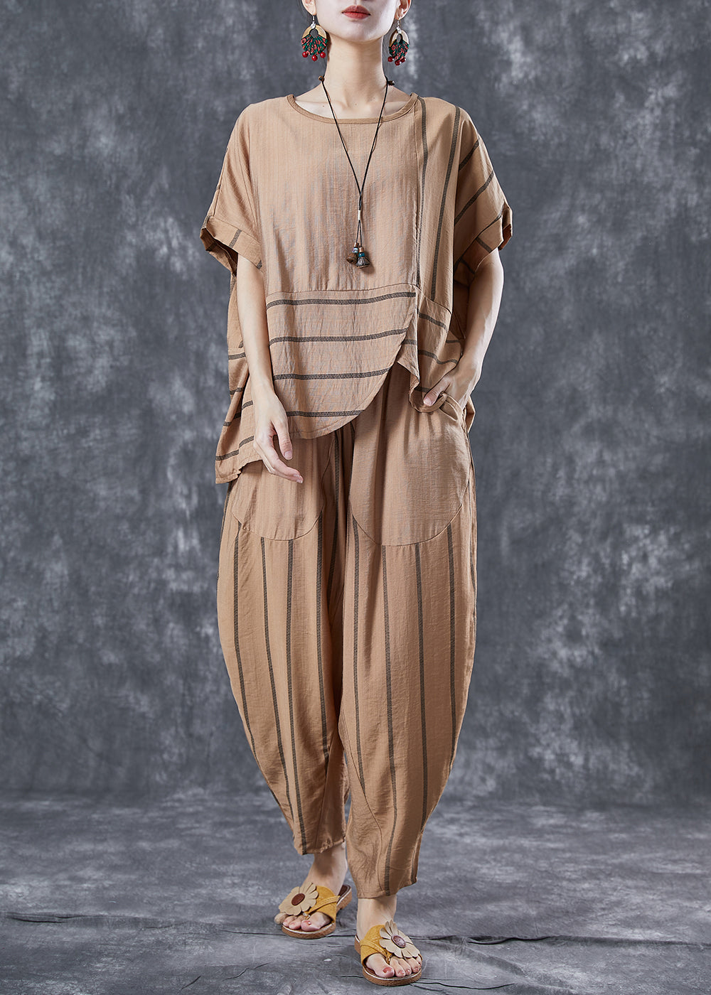 Handmade Khaki Asymmetrical Striped Linen Two Piece Set Clothing Summer