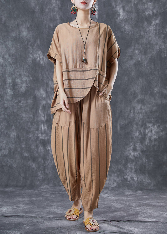 Handmade Khaki Asymmetrical Striped Linen Two Piece Set Clothing Summer
