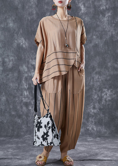 Handmade Khaki Asymmetrical Striped Linen Two Piece Set Clothing Summer