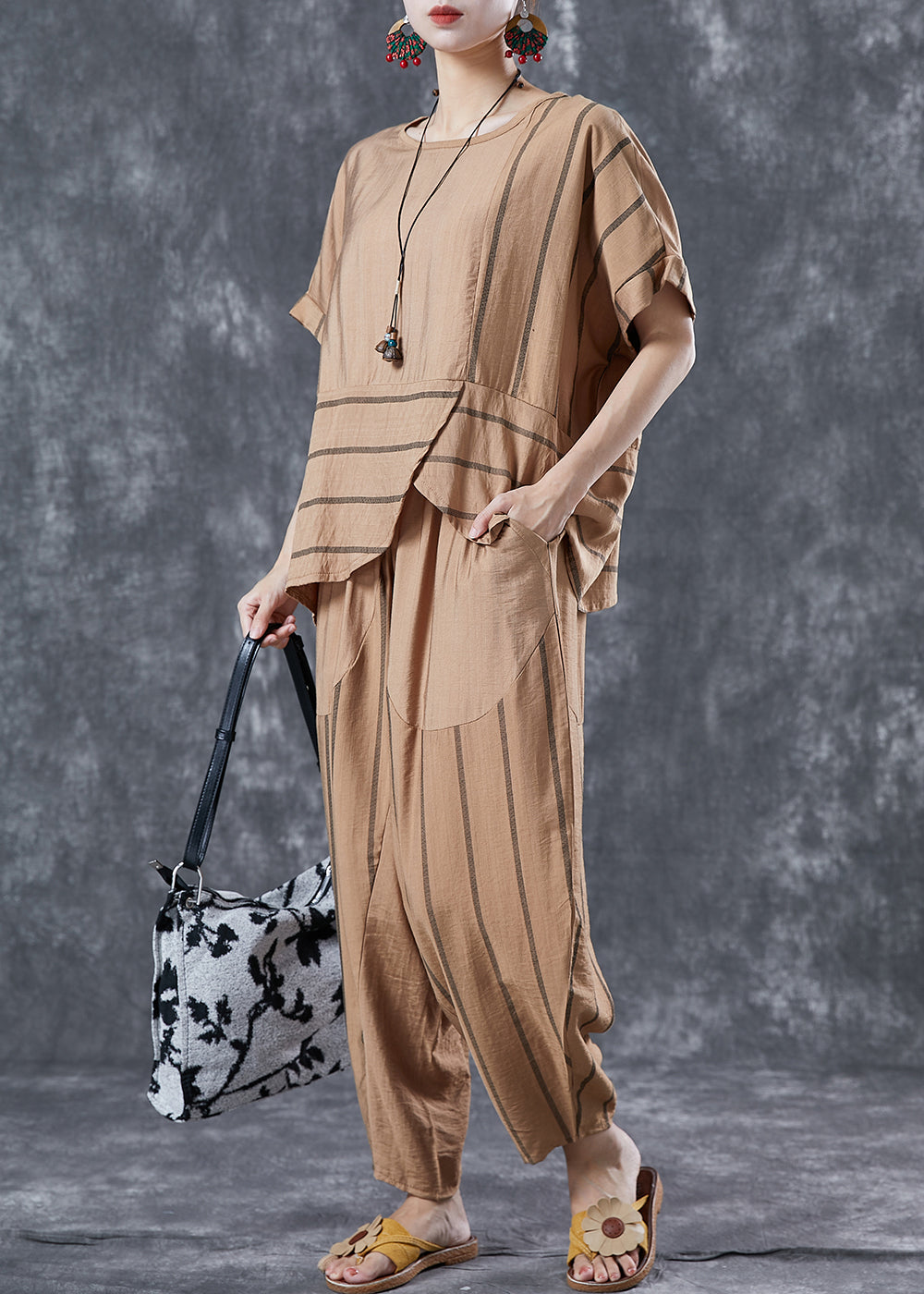 Handmade Khaki Asymmetrical Striped Linen Two Piece Set Clothing Summer