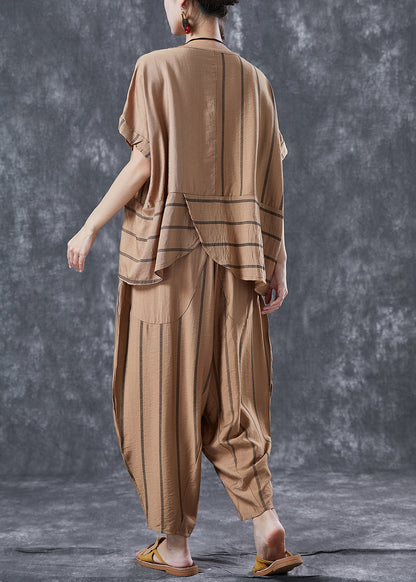 Handmade Khaki Asymmetrical Striped Linen Two Piece Set Clothing Summer