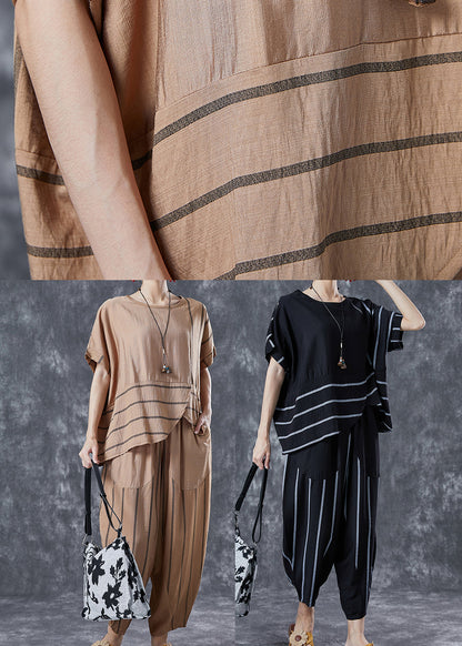 Handmade Khaki Asymmetrical Striped Linen Two Piece Set Clothing Summer