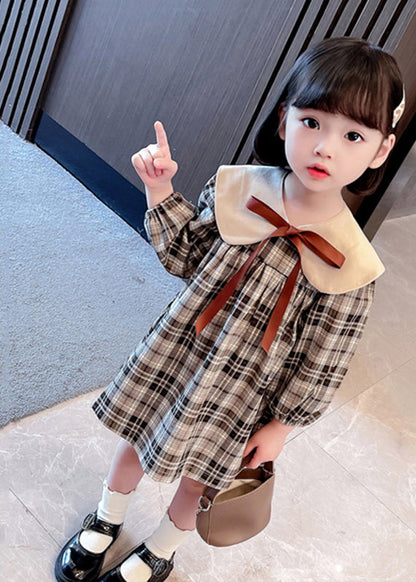 Handmade Khaki Plaid Bow Detachable Mid Dresses Long Sleeve