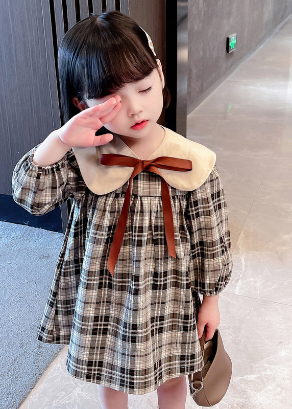 Handmade Khaki Plaid Bow Detachable Mid Dresses Long Sleeve