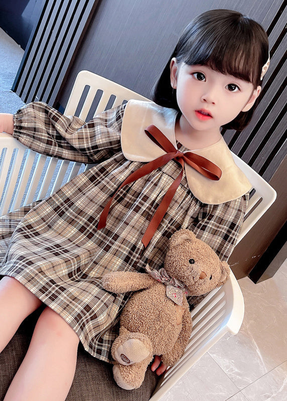 Handmade Khaki Plaid Bow Detachable Mid Dresses Long Sleeve