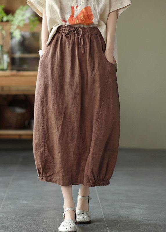 Handmade Khaki Tie Waist Patchwork Summer a Line Skirt Linen
