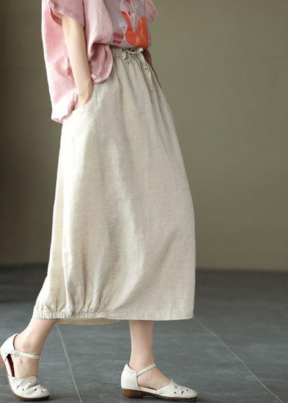 Handmade Khaki Tie Waist Patchwork Summer a Line Skirt Linen