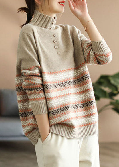 Handmade Khaki Turtle Neck Thick Knitted Sweaters Long Sleeve