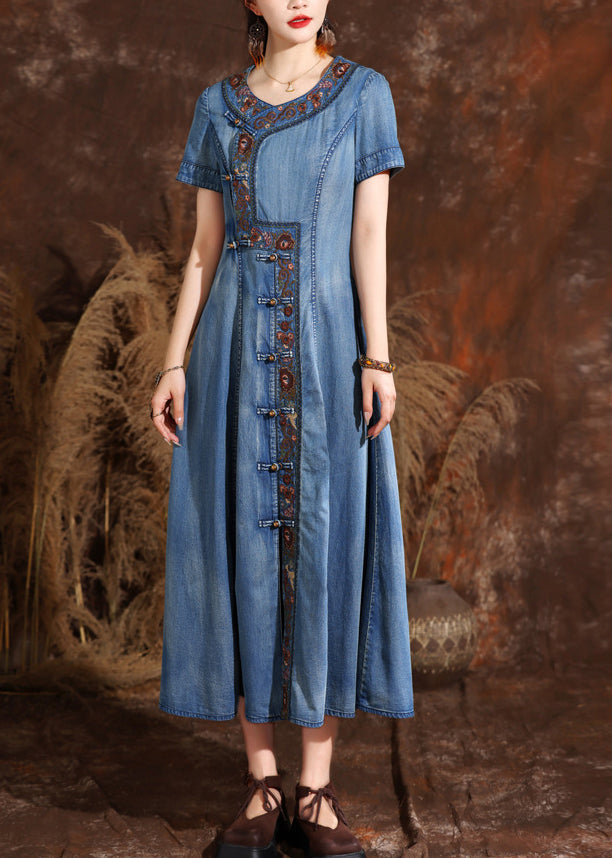 Handmade Light Blue O-neck Asymmetrical Embroidered Button Maxi Denim Dresses Summer