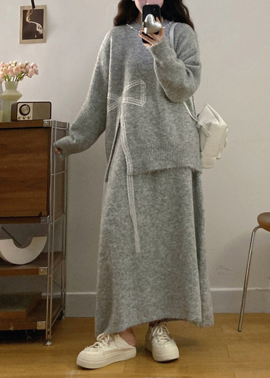 Handmade Light Grey Bow Side Open Knit Two Piece Set Clothing Winter