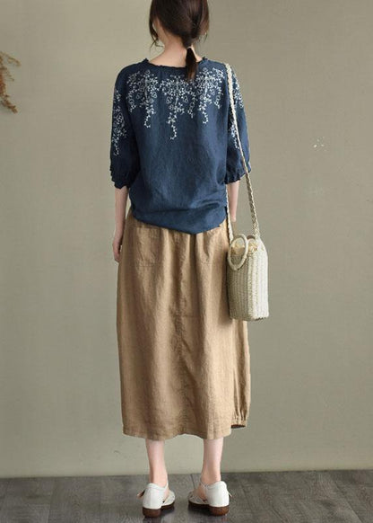 Handmade Navy Lantern Sleeve O-neck Embroideried Summer Ramie Blouses