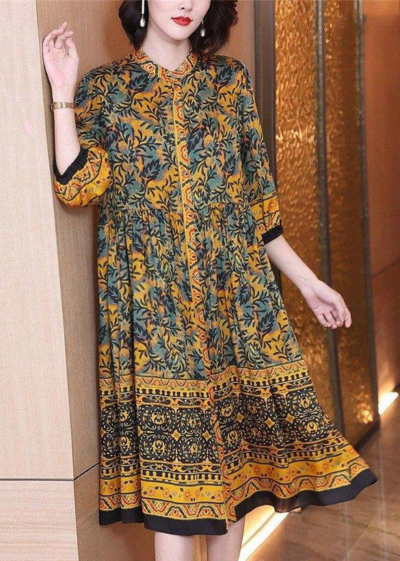 Handmade O-neck Print Button Wrinkled Silk Maxi Dresses Long Sleeve