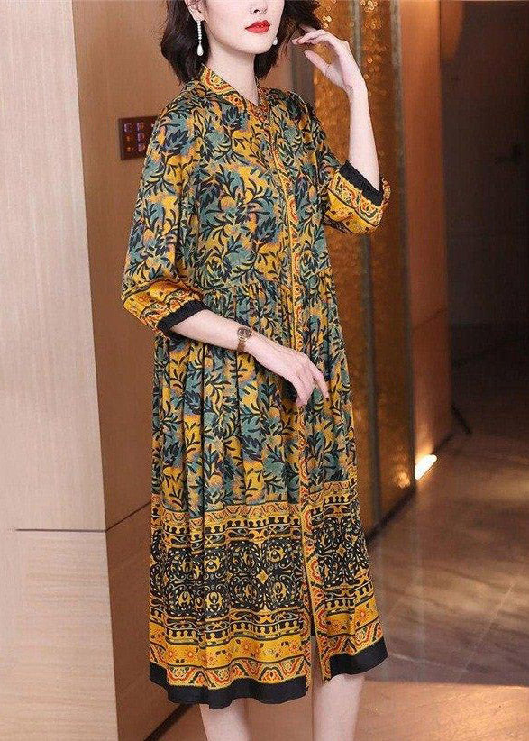 Handmade O-neck Print Button Wrinkled Silk Maxi Dresses Long Sleeve