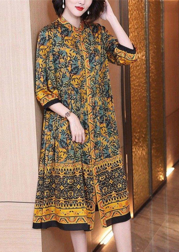 Handmade O-neck Print Button Wrinkled Silk Maxi Dresses Long Sleeve