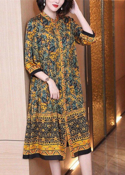 Handmade O-neck Print Button Wrinkled Silk Maxi Dresses Long Sleeve