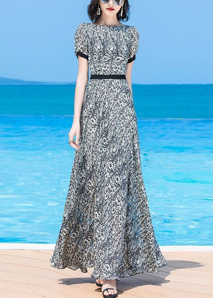 Handmade O-neck Print Elastic Waist Chiffon Long Beach Dress Short Sleeve
