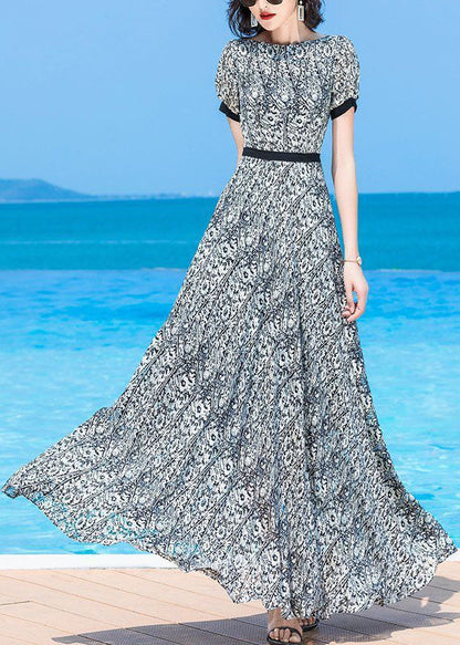 Handmade O-neck Print Elastic Waist Chiffon Long Beach Dress Short Sleeve