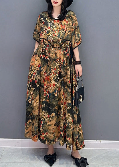 Handmade O-neck Print Patchwork Long Dresses Short Sleeve