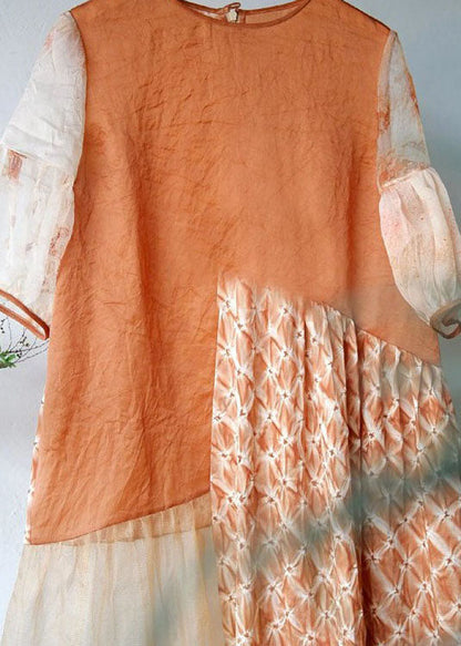 Handmade Orange O Neck Wrinkled Patchwork Cotton Dress Summer