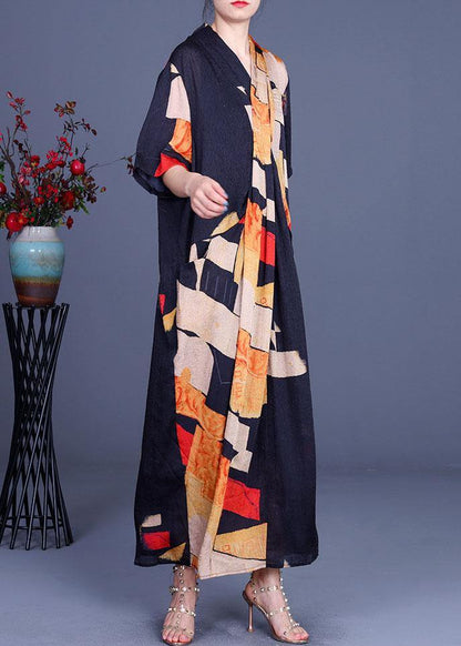 Handmade Orange Print Asymmetrical Design Loose Long Summer Dress