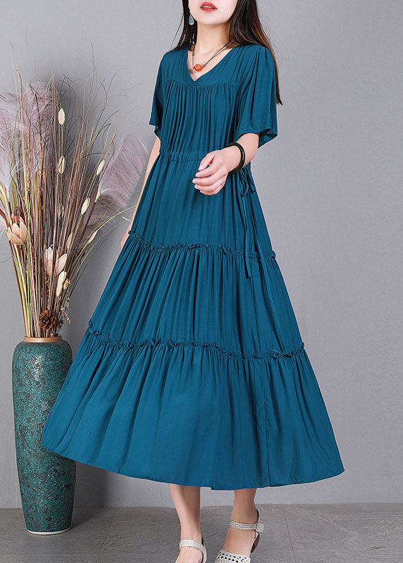 Handmade Peacock Blue V Neck Color Cotton Maxi Dresses Short Sleeve