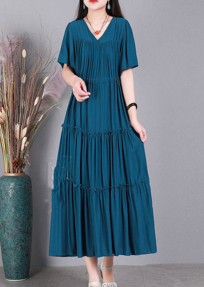 Handmade Peacock Blue V Neck Color Cotton Maxi Dresses Short Sleeve