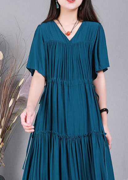 Handmade Peacock Blue V Neck Color Cotton Maxi Dresses Short Sleeve