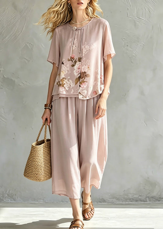 Handmade Pink Asymmetrical Print Chiffon T Shirt and Cop Pants Short Sleeve