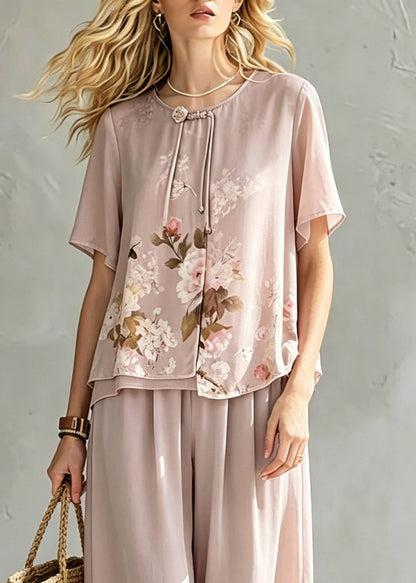 Handmade Pink Asymmetrical Print Chiffon T Shirt and Cop Pants Short Sleeve