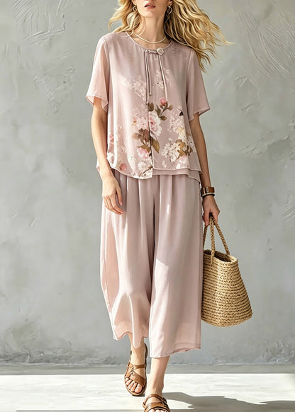 Handmade Pink Asymmetrical Print Chiffon T Shirt and Cop Pants Short Sleeve