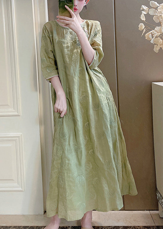 Handmade Pink O-neck Embroidered Linen Long Dresses Summer