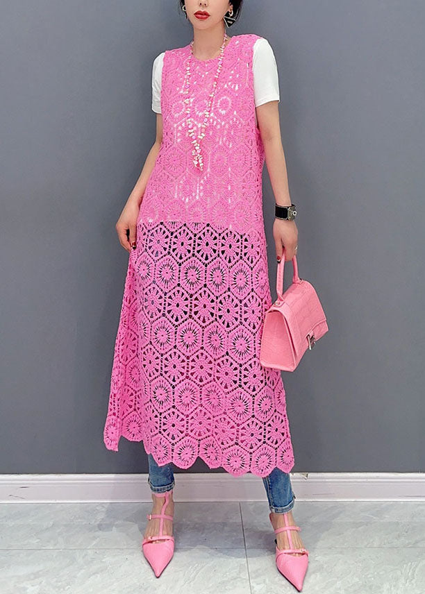 Handmade Pink O-neck Hollow Out Knit Dresses Summer