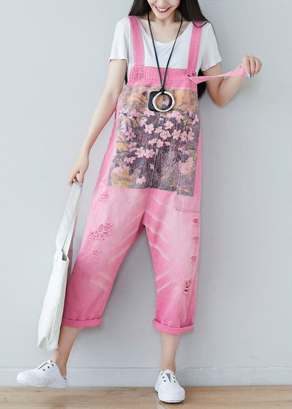 Handmade Pink Print Denim Straight Jumpsuits Spring