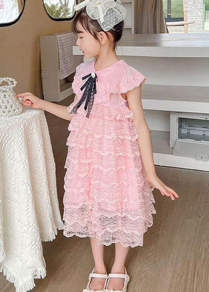 Handmade Pink Ruffled Layered Patchwork Lace Kids Dress Summer