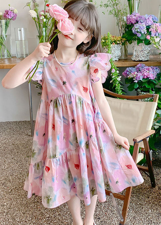 Handmade Pink Ruffled Print Patchwork Cotton Kids Dresses Summer