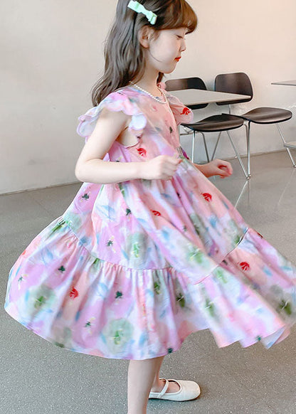 Handmade Pink Ruffled Print Patchwork Cotton Kids Dresses Summer