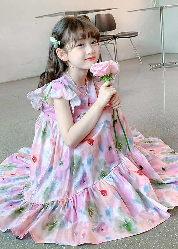 Handmade Pink Ruffled Print Patchwork Cotton Kids Dresses Summer