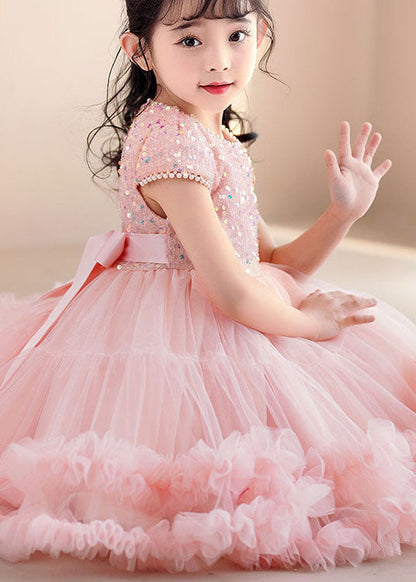 Handmade Pink Ruffled Sequins Nail Bead Patchwork Tulle Kids Dress Summer