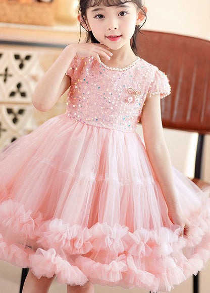 Handmade Pink Ruffled Sequins Nail Bead Patchwork Tulle Kids Dress Summer