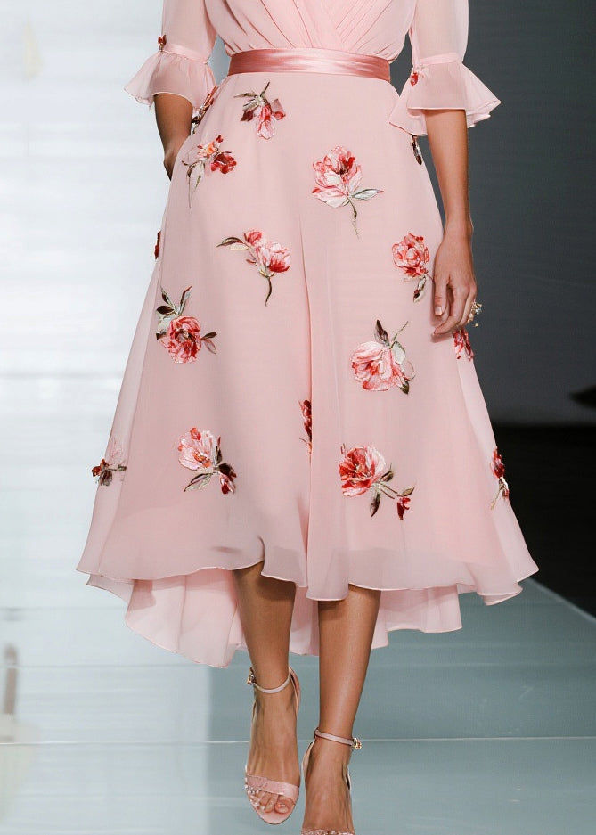 Handmade Pink V Neck Chiffon Party Dresses Flare Sleeve