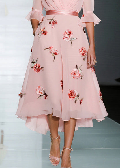 Handmade Pink V Neck Chiffon Party Dresses Flare Sleeve